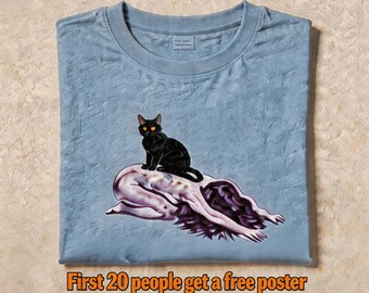 Svart kattskjorta, mörk estetisk indie-t-shirt, mystisk kattgrafik, alternativ gåva, konstnärligt tryck