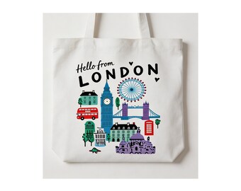 Hello London-tygväska, resesouvenir från Storbritannien, stadslandskapskonst (digital nedladdning)
