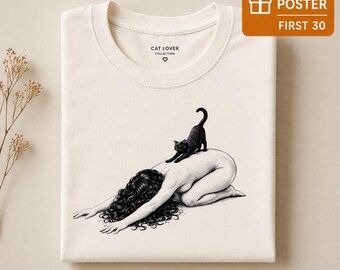 Anpassad kattälskare-tröja, konstnärlig minimalistisk kattdesign, svartvit estetisk t-shirt, present till kattmamma, gratis affisch