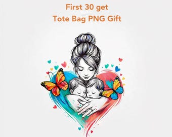 Mors dag mamma tvillingar skjorta PNG, fjärilskärleksdesign, digital nedladdning av babypresent, gratis tygkassebonus