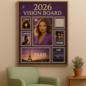 May include: A framed vision board with the text "You become what you envision" and "2026 Vision Board." The board includes images representing love, career, home, car, and Paris. A woman in a purple blazer is in the center.