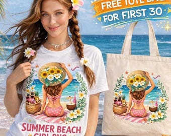 Sommarstrandflicka PNG, blommig solhatt kvinna strandsemester design, tropisk tygväska skjorttryck, omedelbar nedladdning