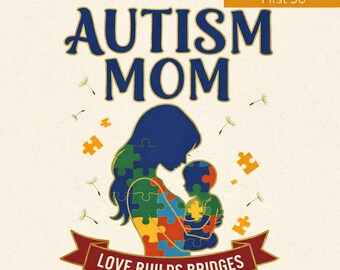Autism mamma-tröja PNG, kärlek bygger broar pusseldesign, medvetenhetsgåva digital nedladdning, gratis kepsbonus
