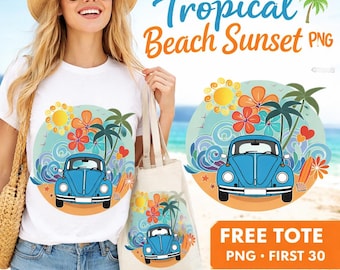Retro strandbil PNG, sommartygväska design, tropisk semesterbagge grafik, kustbil skjorttryck, digital nedladdning