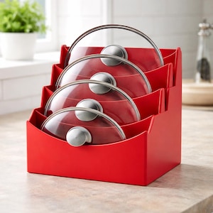 May include: A red kitchen organizer holds four glass and stainless steel pot lids. The organizer has a stepped design, with each level holding a lid. The lids have silver handles and clear glass. The organizer is on a light-colored countertop.