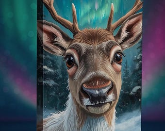 Reindeer Wall Art Canvas Print - Winter Animal Painting - Woodland Nursery Decor - Northern Lights Reindeer Artwork - Matte Stretched Canvas