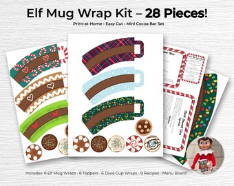 Elf Cocoa Bar Printable – 28 Piece Elf Mug Wraps & Mini Cup Sleeves, Recipe Cards, Menu Sign, North Pole Cocoa Kit (Digital Download)