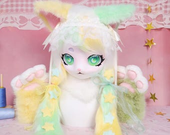 Kigurumi Kawaii Pastel Kitty Fursuit Head Cartoon Moon Eyes Faux Fox Fur Neck Fluff Lace Headband Star Clips Paw Gloves KIG Cosplay Gift