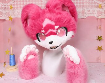 Original Pink Canine Elf Fox Fursuit Head With Matching Paw Gloves Cosplay Costume Set