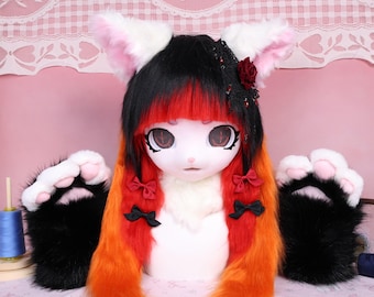 Kigurumi Black Red Flame Cat Fursuit Head and Paws Gothic Cosplay Mask with Crimson Star Eyes Lace Rose Headdress and Ribbon Bows Demon Set