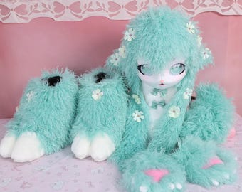 Kigurumi Sheep Fursuit Head Paws Feet Sky Blue Fluffy Mask Handmade Cosplay Costume Furry Partial Suit Kawaii Animal Kig Fursona Kit Gift