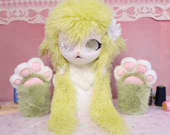 Green Sheep Fursuit Head Angelic Lace Eyepatch KIG Mask Set White Floral Accessory Paw Gloves Furry Cosplay Kigurumi Handmade Costume DIY