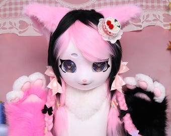 Kigurumi Kawaii Kitty KIG - Cabeza de traje de piel de zorro sintética con ojos de dibujos animados kawaii, cuello de piel sintética de zorro rosa y negro, pinzas para el pelo, lazo, guantes con forma de pata, regalo de cosplay