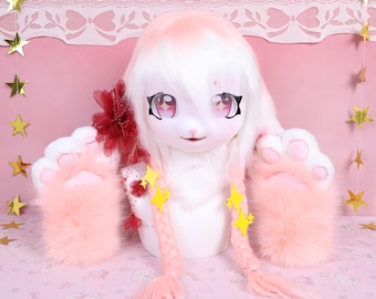 Kigurumi Blossom Bunny Fursuit Head and Paws White Pink Fur Twin Braids Pink Star Eyes Yellow Clips Red Floral Tassel Cosplay Gift for Fans