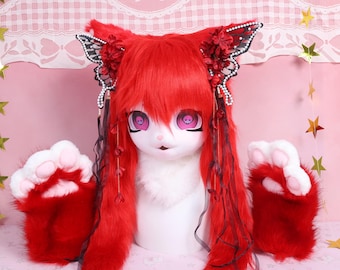 Red Kitty KIG Fursuit Head Gothic Cat Mask Skull Eyes Butterfly Wing Ear Clips Plush Neck Fur Kemono Style Lightweight Cosplay Display Gift