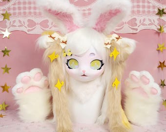 Kigurumi Fluffy Bunny Fursuit Head with White Khaki and Yellow Faux Fox Fur Star Eyes Braided Hair and Ribbon Clips Cosplay Gift