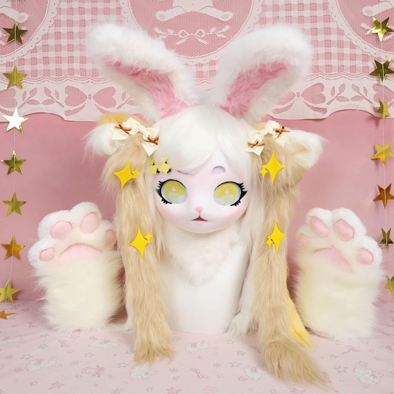 Kigurumi Fluffy Bunny Fursuit Head with White Khaki and Yellow Faux Fox Fur Star Eyes Braided Hair and Ribbon Clips Cosplay Gift