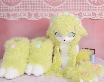 Kigurumi Sheep Fursuit Head Paws Feet Lime Green Fluffy Mask Cosplay Costume Furry Partial Set Kawaii Animal Kig Fursona Kit Gift