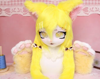 Kigurumi Lemon Yellow Cat Fursuit Head Paws Handmade Cosplay Mask X Heart Eyes Polka Dot Bows Bright Hair Clips Cheerful Full Set Display
