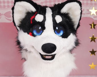 Kemono Canine Fursuit Head Black White Fur Blue Eyes Red Scar Magnetic Tongue