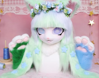 Kigurumi Pastel Kitty KIG Fursuit Head Kawaii Cartoon Eyes Light Blue Green Faux Fox Fur Neck Fluff Floral Crown Paw Gloves Cosplay Gift