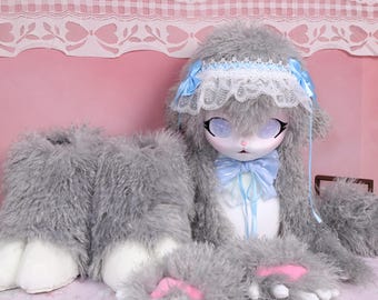 Kigurumi Cloudy Lamb Full Fursuit Set Head Paws Feet Tail Handmade Cosplay Mask Soft Curly Gray Fur Blue Eyes Lace Bow Pastel Angelic Style