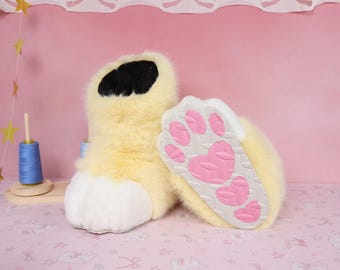 Zapatos con patas de animal para disfraces de fursuit, de poliéster, para cosplay, pantuflas de peluche hechas a mano con forma de pata de animal, ideales para fiestas de fans de furries, cosplay y uso diario. Disponibles en 24 colores.