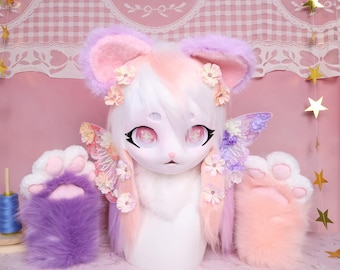 Kigurumi KIG Style Kawaii Bear Fursuit Head White Pink Lavender Faux Fur No Helmet Head Sweet Pastel Look With Star Cartoon Eyes