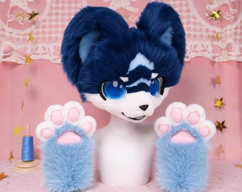 Original Deep Blue Canine Elf Fox Fursuit Head With Matching Paw Gloves Costume Set