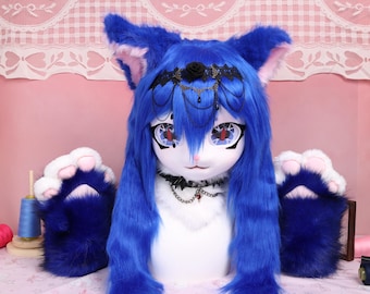 Kigurumi Royal Blue Gothic Cat Fursuit Head and Paws Cosplay Mask with Red Vertical Eyes Lace Gem Chain Headpiece Bat Wing Choker Full Set