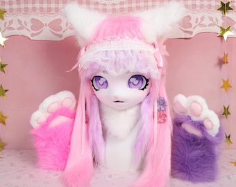 Kigurumi - Cabeza de gato esponjosa rosa y morada con pelo de zorro sintético blanco, ojos de corazón, cinta para el pelo larga y suave, pinzas de flores, regalo de cosplay