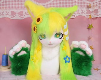 Yellow Green Cat KIG Fursuit Head Faux Fox Fur Floral Cartoon Eyes Full Neck Fluff Forest Style Hair Accessories Paw Gloves Cosplay Gift