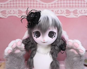 Kigurumi Gothic Gray White Lop Rabbit Fursuit Head Paws Handmade Cosplay Mask Black Highlight Eyes Spider Lace Hat Dark Sweet Style Set FX