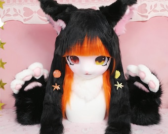 Cabeza de disfraz de gato Kigurumi negro y naranja con piel sintética de zorro, ojos de atardecer heterocromáticos, pinzas para el pelo de estrella de mar y guantes con forma de pata, regalo de cosplay