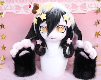 Kigurumi Starry Sundae Bunny Fursuit Head and Paws with Black White Fur Twin Braids Golden Star Eyes Hairclips Cherry Pudding Cosplay Gift
