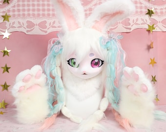 Cabeza de disfraz de conejo Kigurumi Pastel con orejas flexibles, piel sintética de zorro blanco, rosa y menta, trenzas desmontables, ojos de pala, lazos de cinta, regalo de cosplay