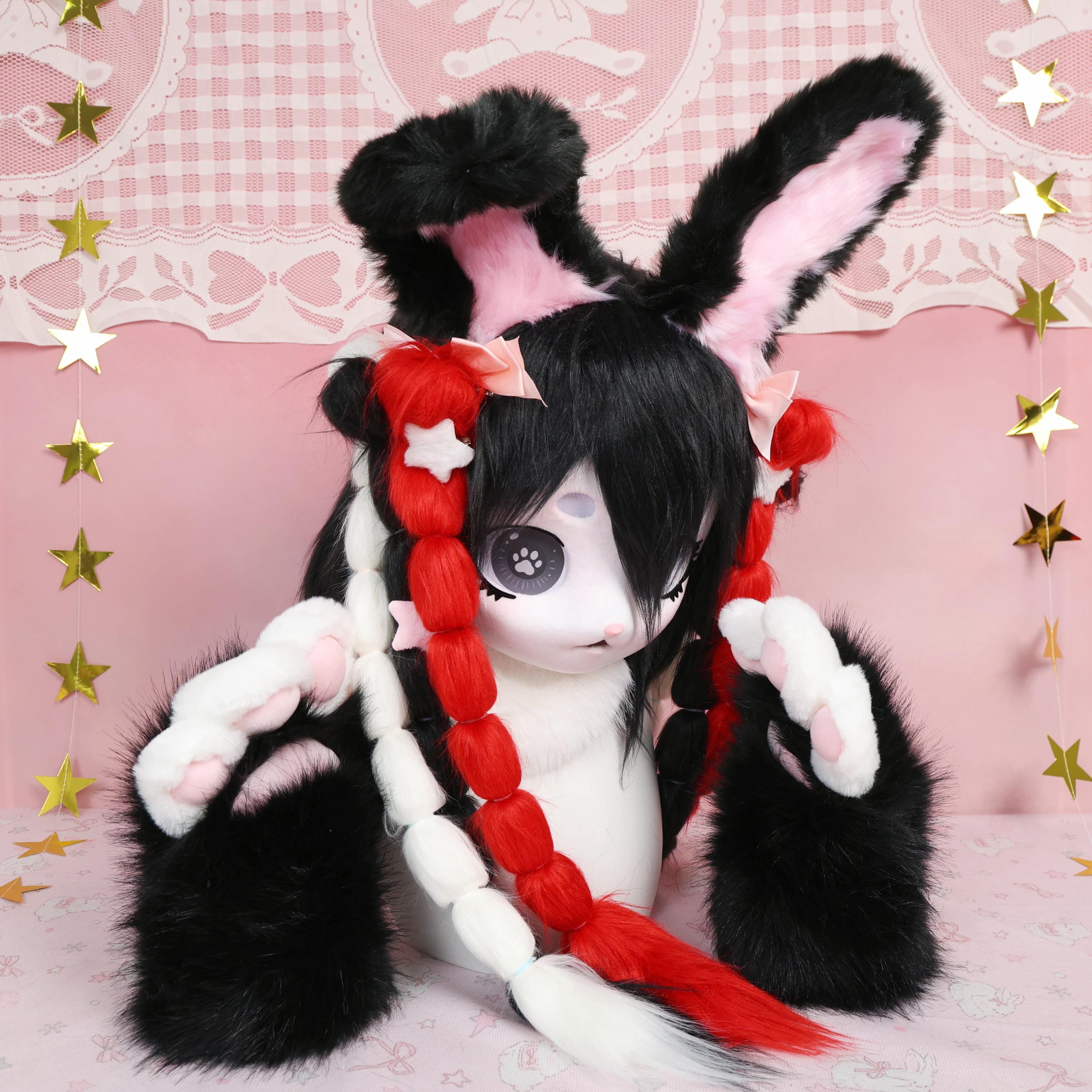 Kigurumi Bunny Fursuit Head Black Red White Faux Fur Pawprint Eyes ...