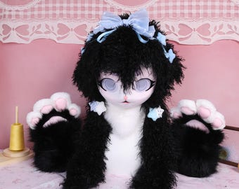 Kigurumi Fluffy Lamb Fursuit Head and Paws Cosplay Mask with Black Fur Blue Ribbon Bow Star Clips Gray Eyes Pink Pads Pastel Dream Full Set