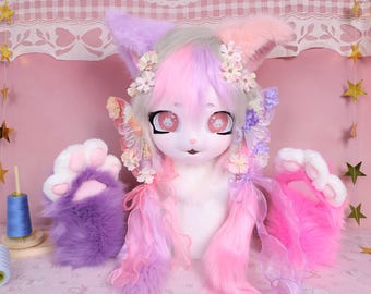 Kigurumi Pastel Kitty Fursuit Head Cartoon Eyes Faux Fox Fur Neck Fluff Pink Purple Gray Hair Accessories And Paw Gloves KIG Cosplay Gift