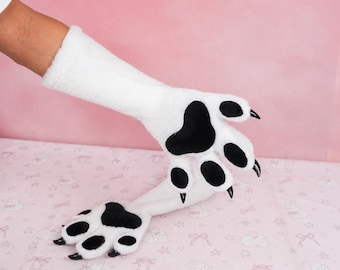 Plush White Fursuit Paw Gloves Resin Claw Cosplay Furry Long Sleeve Animal Costume Accessory