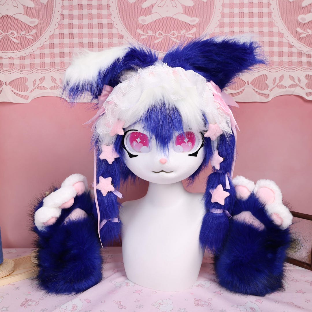 Kigurumi Blue Bunny Fursuit Head and Paws Handmade Cosplay Mask With ...