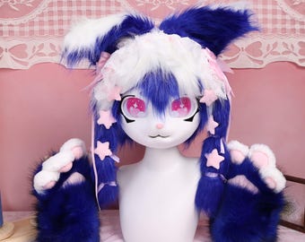 Kigurumi Blue Bunny Fursuit Head and Paws Handmade Cosplay Mask with Dreamy Pink Eyes Lace Headband and Plush Star Clips Furry Partial Suit
