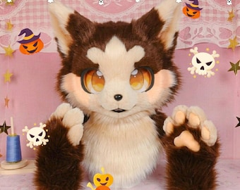Tocado de fursuit de zombie de Halloween de estilo japonés, marrón beige esponjoso, accesorio de cosplay peludo