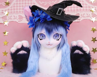 Kigurumi Midnight Witch Cat Fursuit Head Paws Navy Sky Blue Fur Pink Inner Ears Starry Eyes Eight Point Star Hat Lily Flowers Cosplay Gift