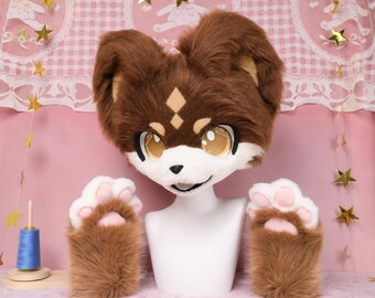 Chocolate Brown Japanese Fursuit Head With Paws Handmade Synthetic Fur Cosplay Costume Roleplay Set