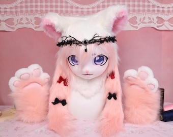 Kigurumi White Pink Gothic Cat Fursuit Head Paws Handmade Cosplay Mask with Purple Glowing Eyes Thorn Antler Gem Headpiece and Red Black Bow