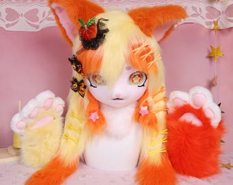 Kigurumi Crema Naranja Gato KIG Fursuit Cabeza Dibujos Animados Ojos Imitación Zorro Cuello Peludo Naranja Amarillo Pata Guantes Dulce Brillante Cosplay Regalo