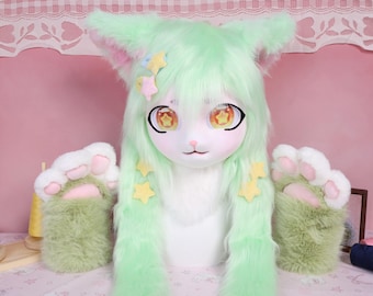 Kigurumi Matcha kattenfursuit hoofd en poten handgemaakt cosplaymasker met mintgroene vacht oranje sterogen ster haarspeldjes poothandschoenen kostuumset