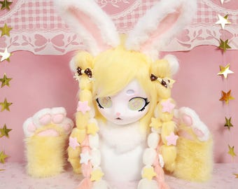 Kigurumi Pastel Sunshine Bunny Fursuit Head with Yellow Pink Faux Fox Fur Star Eyes Long Braided Hair Soft Plush Star Clips Cosplay Gift