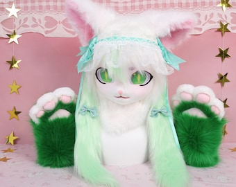 Kigurumi Mint Cat Fursuit Head and Paws with White Green Fur Pink Inner Ears Green Diamond Eyes Lace Ribbon Headband Cosplay Gift Set